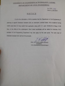Graduate Assistants Civil Required in UET Lahore