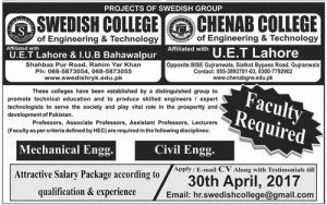 Faculty Required in Chenab College and Swedish College